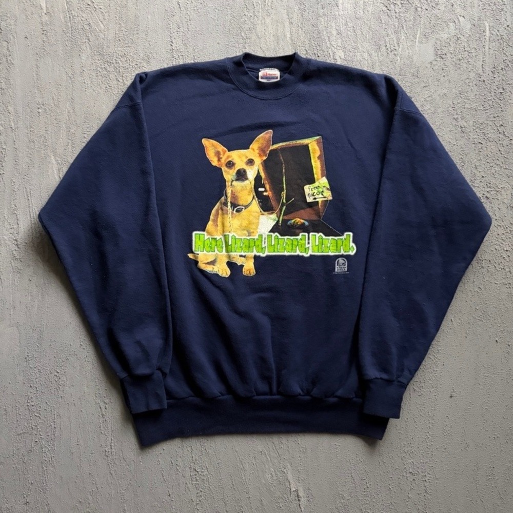 Vintage Taco Bell Sweatshirt XL Blue 1990s Chihuahua Here Lizard Lizard